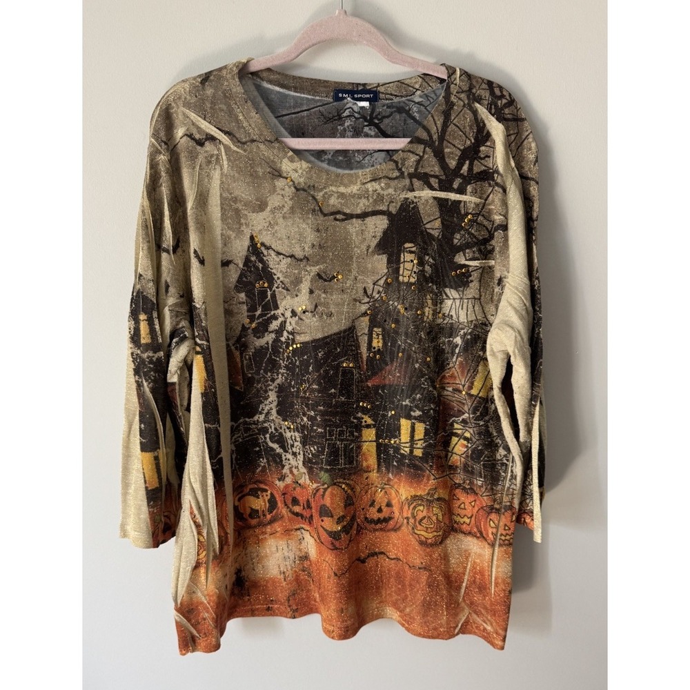 Vtg Y2K Sparkly Halloween Spooky Haunted House Pumpkin Sparkly 3/4 Sleeve 1X 2X